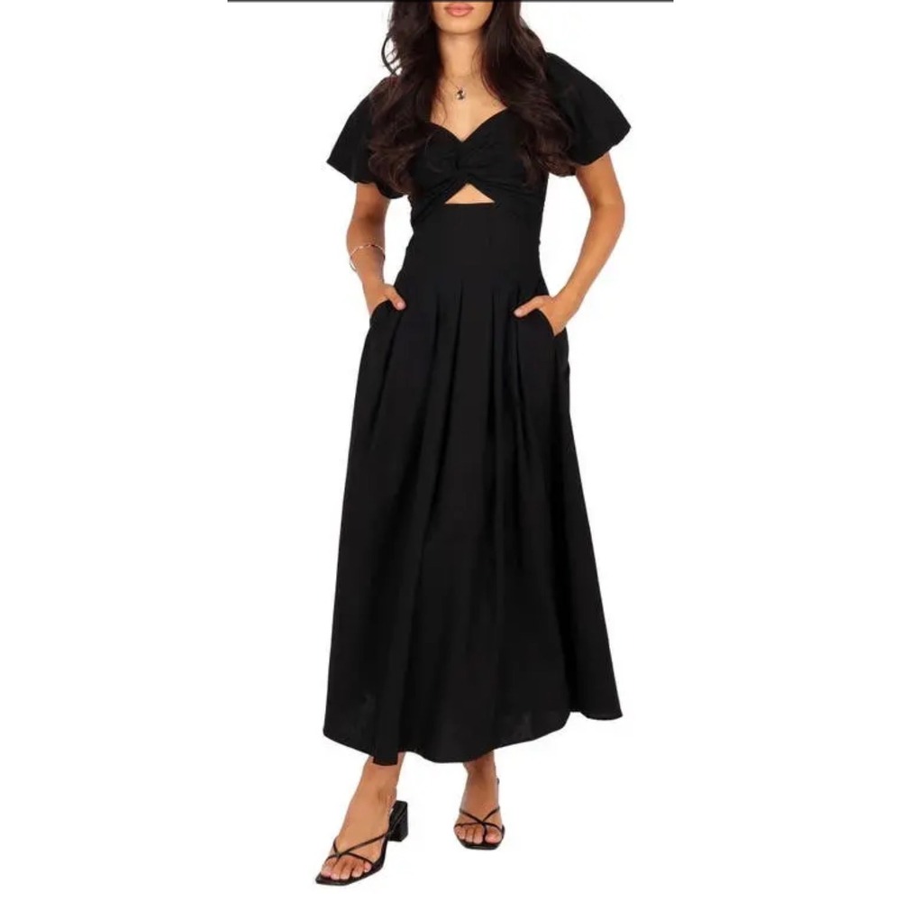 New! Petal & Pup Maria Cutout Midi Dress Black Puff Sleeve Sweetheart Size Small